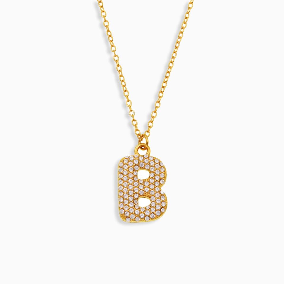 Gold initial necklace with letter B, featuring a CZ pendant on a stainless steel chain