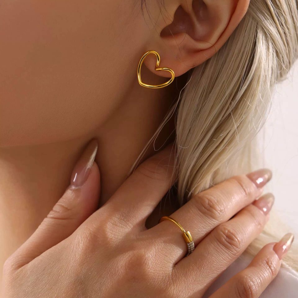 Gold Hollow Heart Drop Earrings and Matching Ring Set