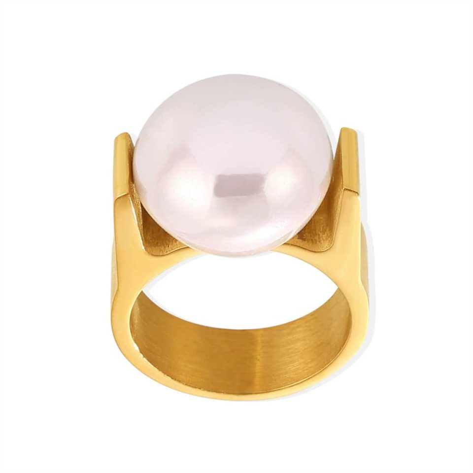 Luxe Pearl Titanium Band Gold - Oversized baroque shell pearl ring for sensitive skin