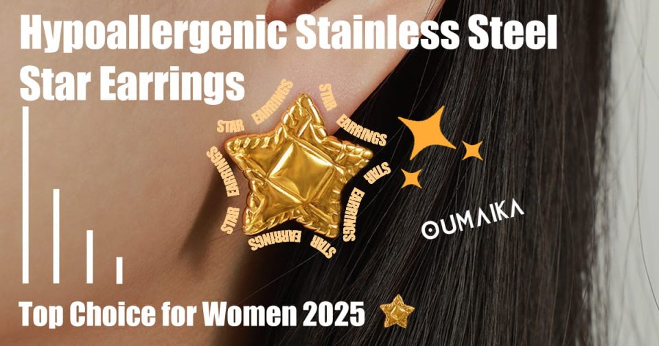 Poster featuring the title "Hypoallergenic Stainless Steel Star Earrings – Top Choice for Women 2025"
