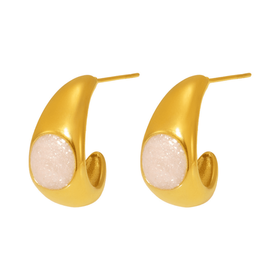Oudada gold-tone pearl drip earrings flat lay on white background, geometric U-shaped jewelry for women.