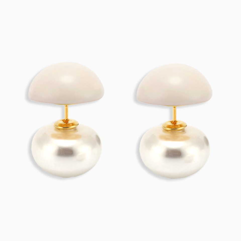 Vintage enamel pearl stud earrings in white and gold on white background