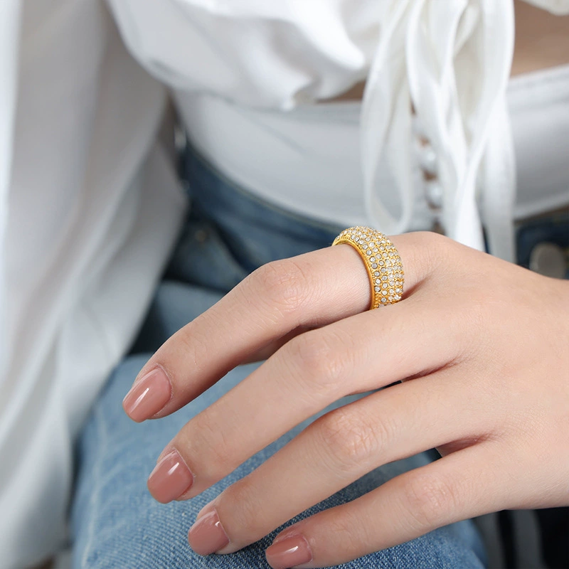 Stacking Oudada Stardust Pavé Ring with minimalist bands - Gold CZ jewelry layering techniques for modern looks