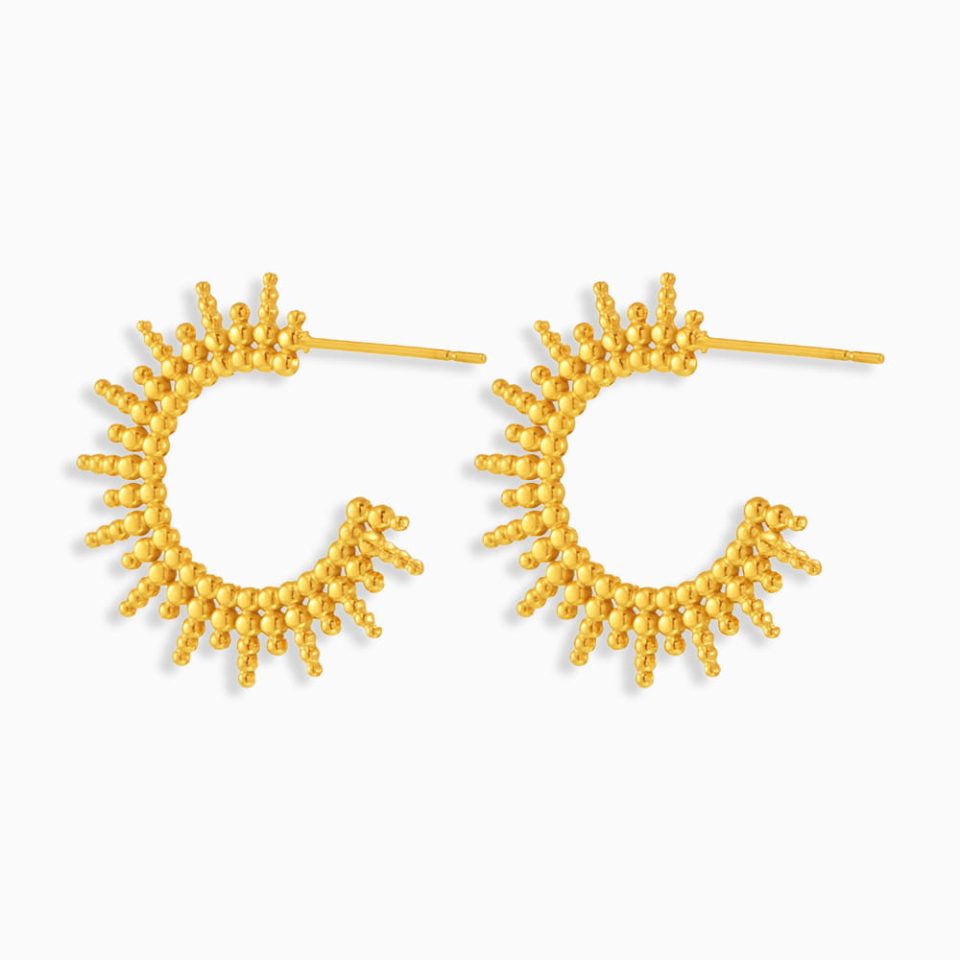 Radiant Duo Hoop Earrings in 18K gold PVD stainless steel with sunburst-inspired double hoops, modern and waterproof design for women