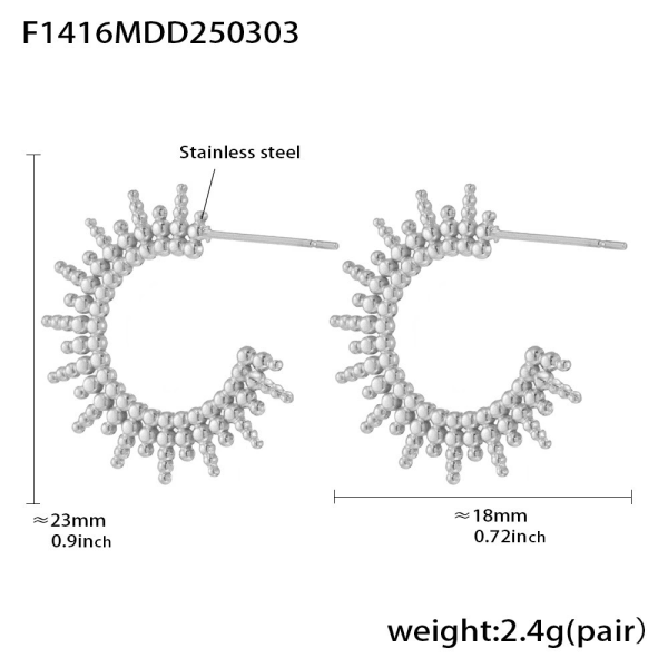 Laser-engraved sunburst pattern on titanium steel earrings under 10x magnification