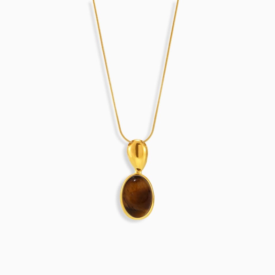 18K gold plated stainless steel long necklace with black onyx oval pendant
