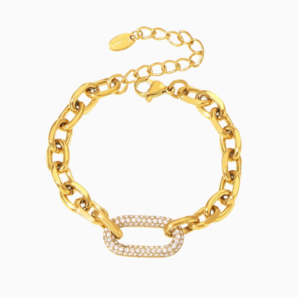 Bold Anchor Cubic Zirconia Bracelet in 18K Gold Stainless Steel on White Background