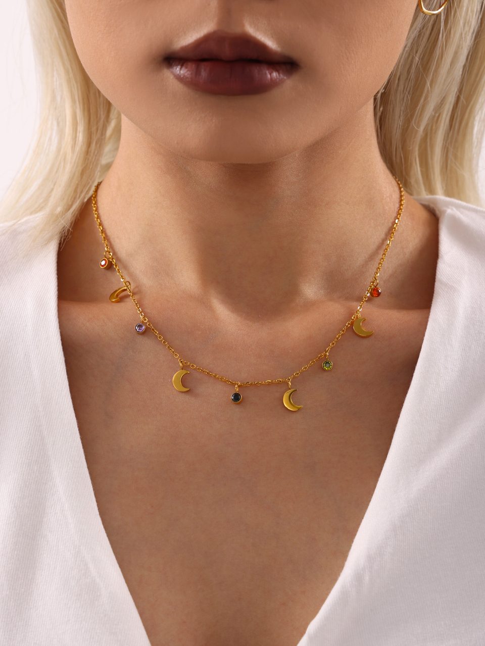 Bridal model featuring Oudada Moon Tassel Necklace with Crystals