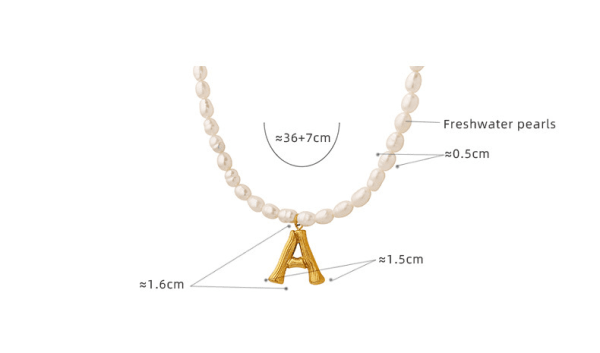 This image presents a clear and organized display of the Celestial Initial Necklace's specifications. It includes essential details such as the necklace's length, pendant dimensions, materials used, and available colors, providing customers with all the necessary information for an informed purchase decision.