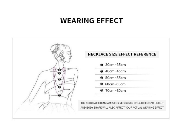Female model demonstrating necklace wearing effect with size comparison chart