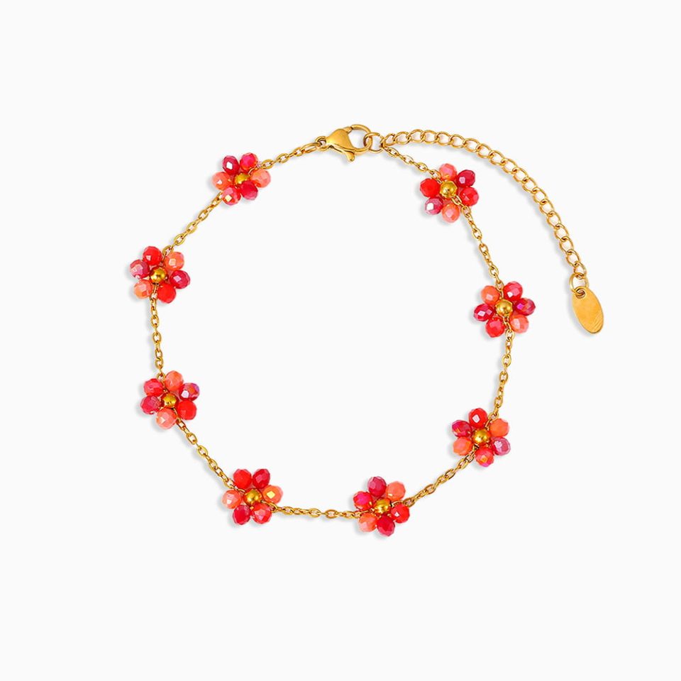 ethereal boho jewelry set featuring red floral charms on surgical steel chains