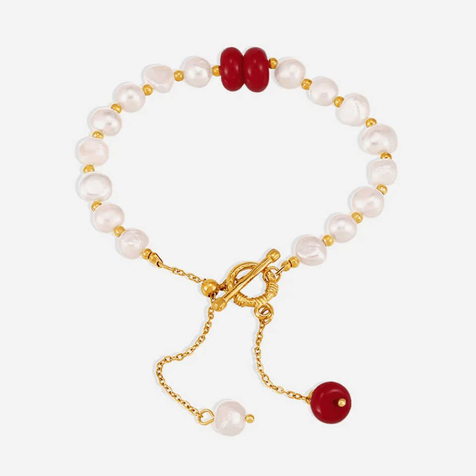 Chinese Red Victorian Bloom Pearl Bracelet - Freshwater Pearls with Red Gemstone Dangle