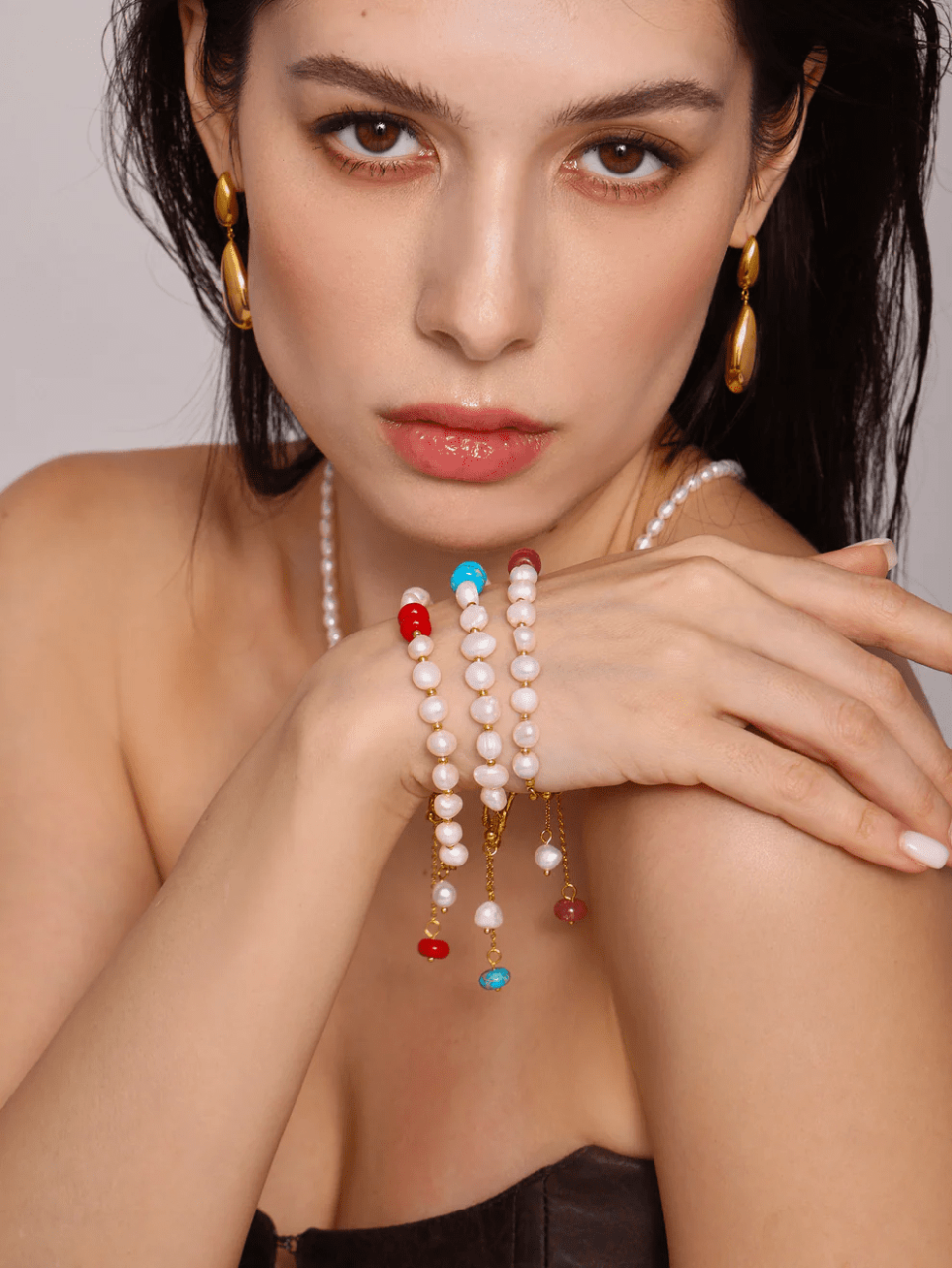 Model wearing Victorian Bloom Pearl Bracelet Freshwater Pearl Collection