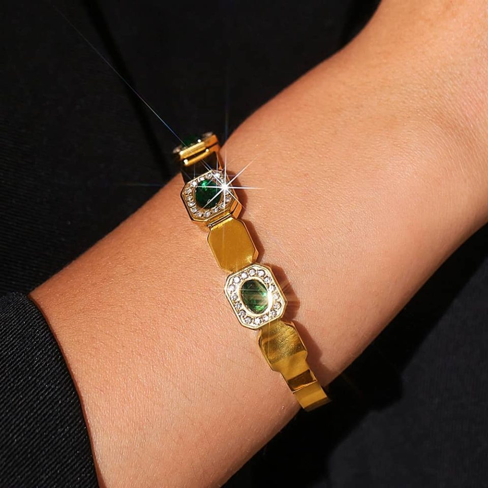 Geometric cube bangle wrist close-up shot for sensitive skin jewelry lovers
