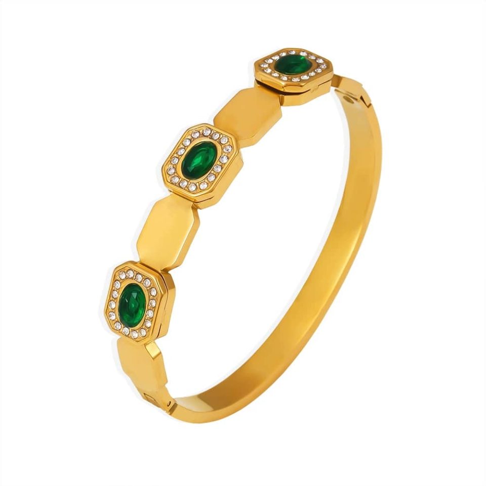 Geometric emerald-cut cubic zirconia bangle | 18K gold plated jewelry with secure clasp mechanism