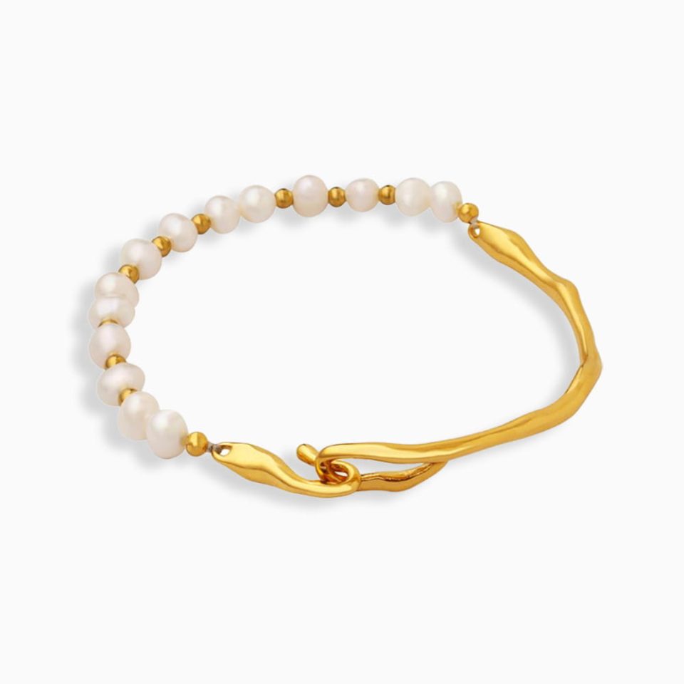 gold geometric freshwater pearl bracelet with stainless steel chain on white background
