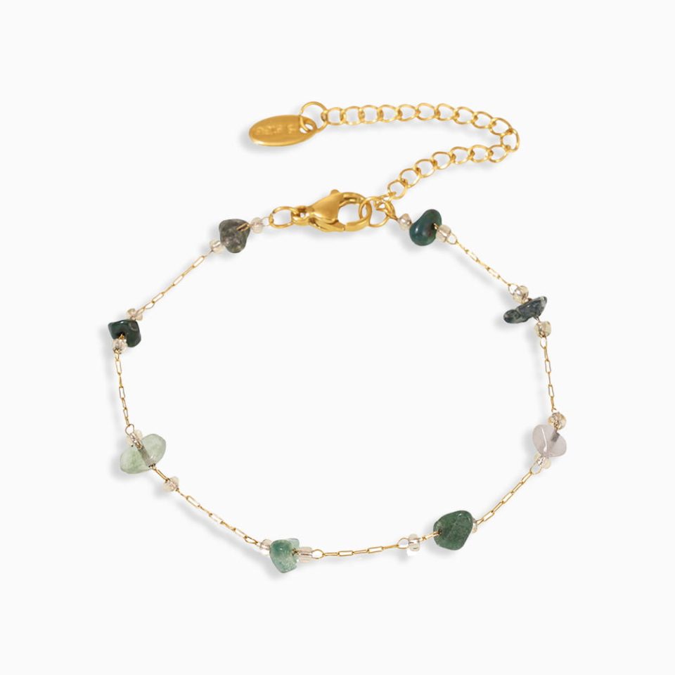 green crystal chip bracelet with handmade stainless steel chain on white background
