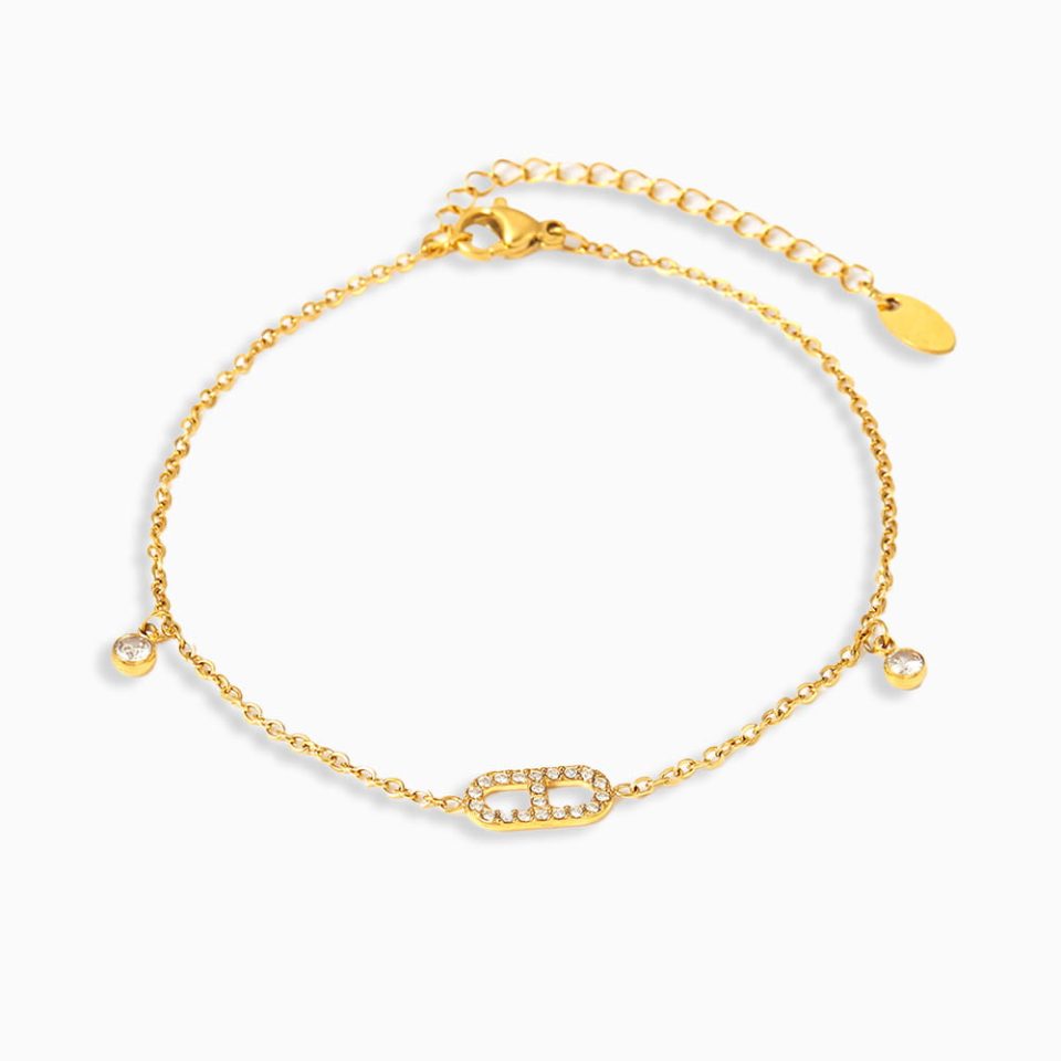 Minimalist cubic zirconia anklet in gold stainless steel with delicate chain and crystal details