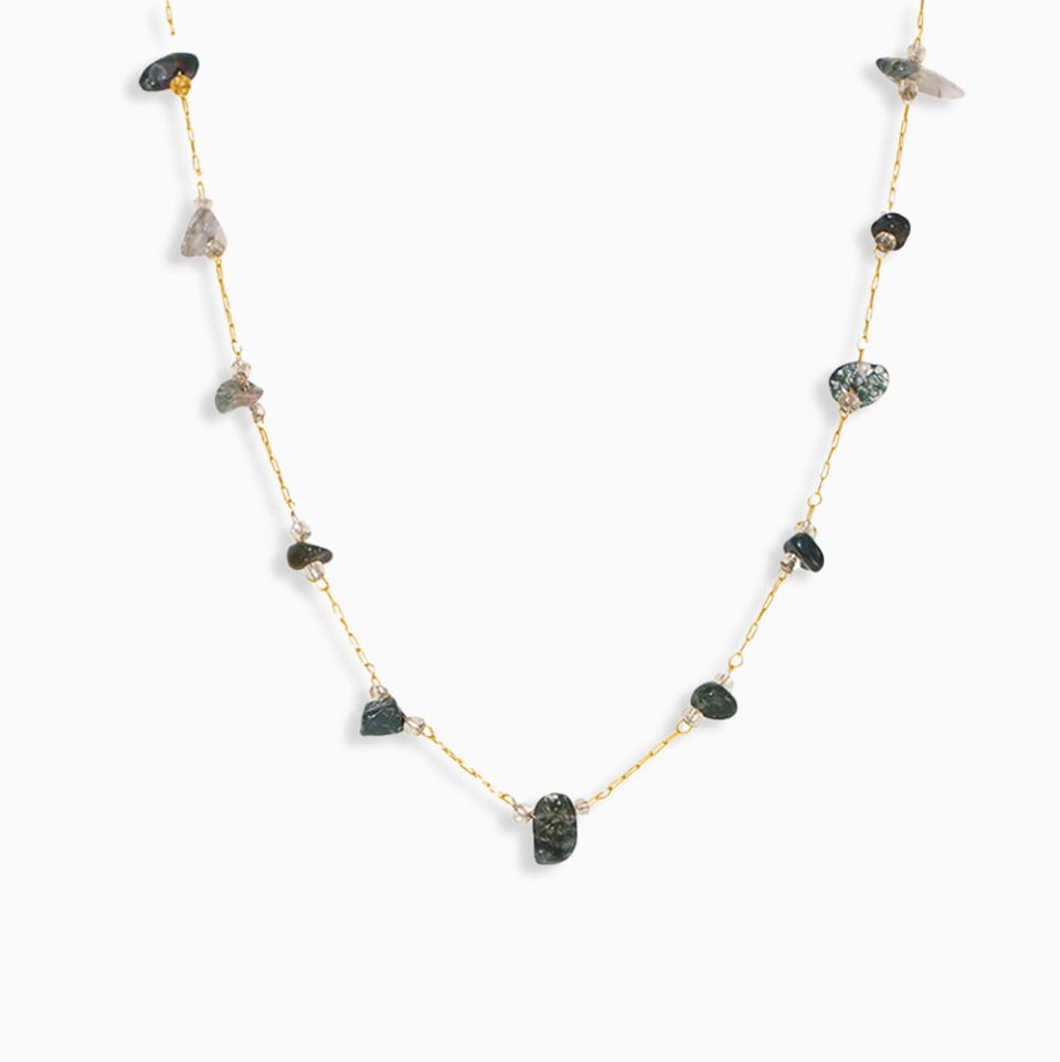 Natural Green Crystal Beaded Necklace with Stainless Steel Chain on White Background – Handmade Gemstone Jewelry by Oumaika