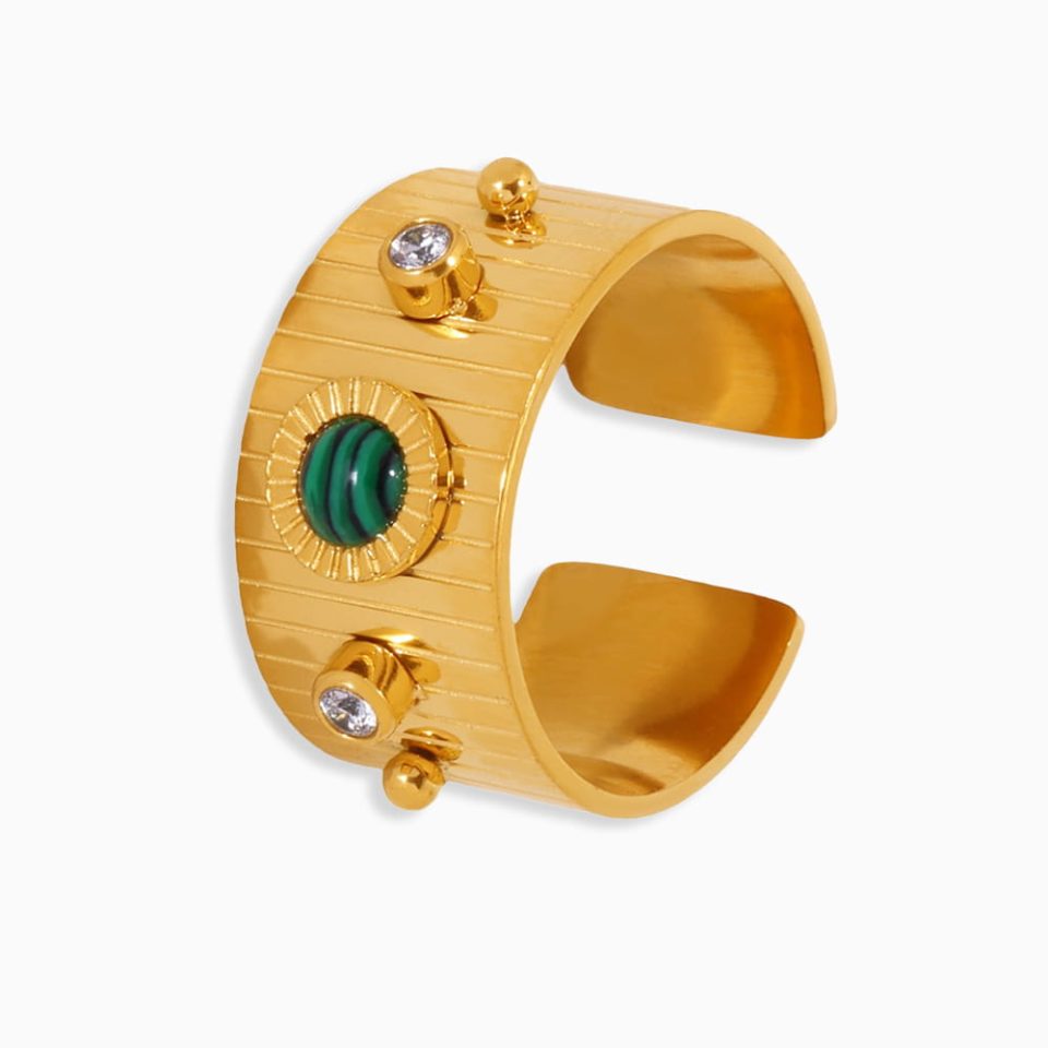 Gold Turquoise Bar and Zircon Open Ring on White Background