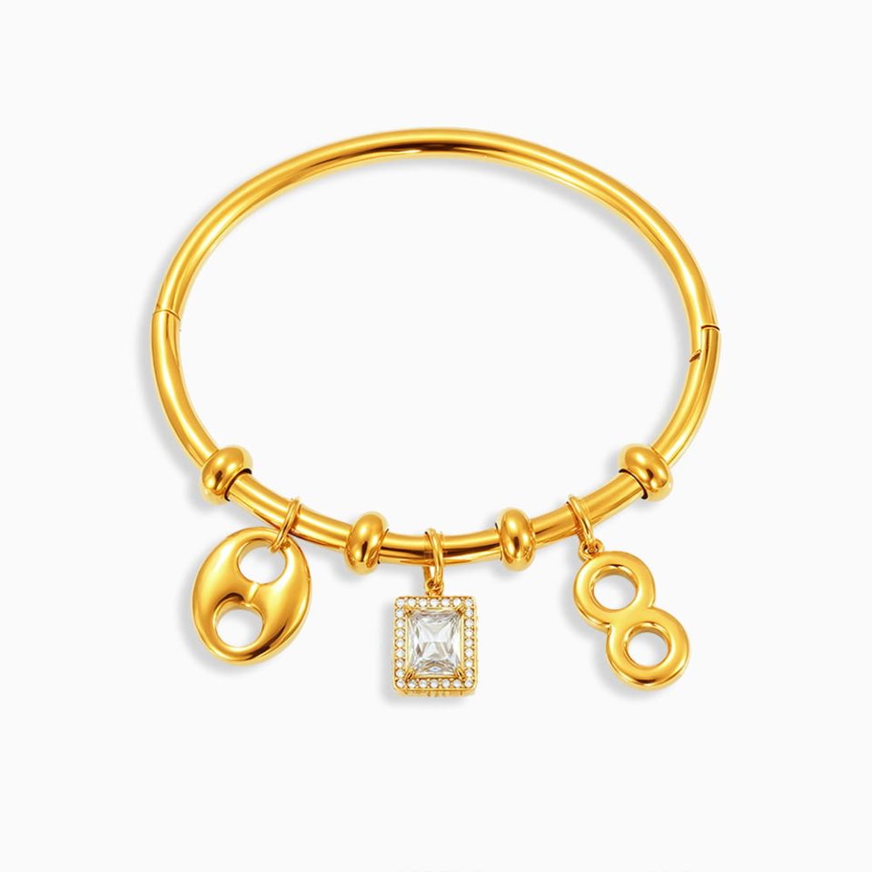 5A Ultra Sparkle Geometric Lattice CZ Accent Bracelet – Gold Plated Stainless Steel Statement Bangle for Women