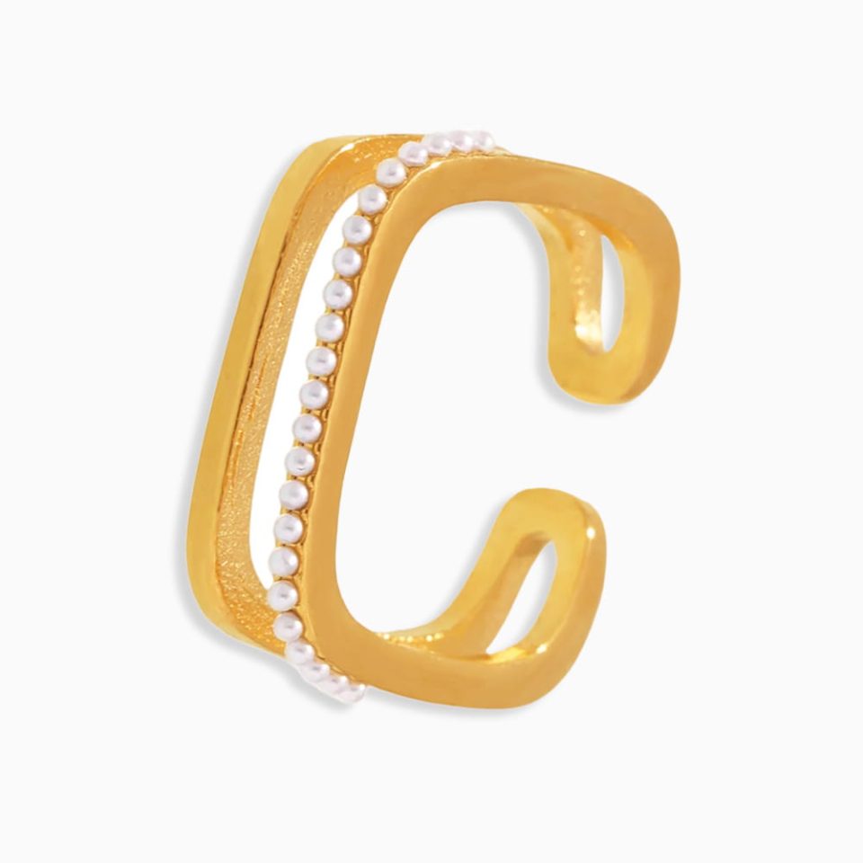 Adjustable open ring with square CZ in gold, minimalist hypoallergenic stainless steel jewelry
