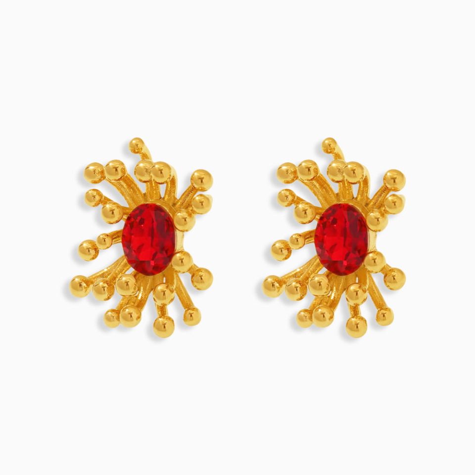 Gold open hoop earrings with red cubic zirconia floral design, handcrafted stainless steel jewelry