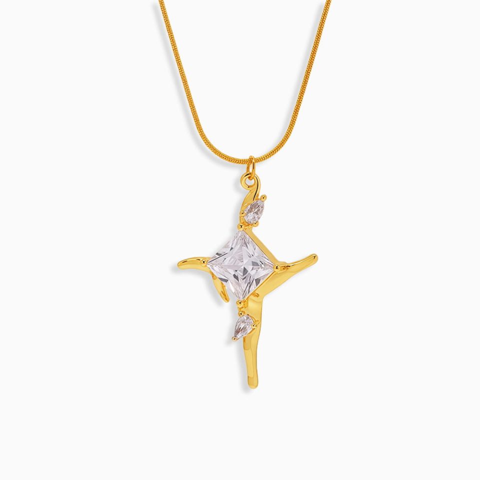 Bold Cross Cubic Zirconia Necklace – 18K Gold Plated Stainless Steel Pendant for Statement Style