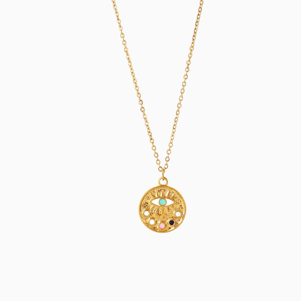 Gold Evil Eye Necklace with Black Enamel on White Background
