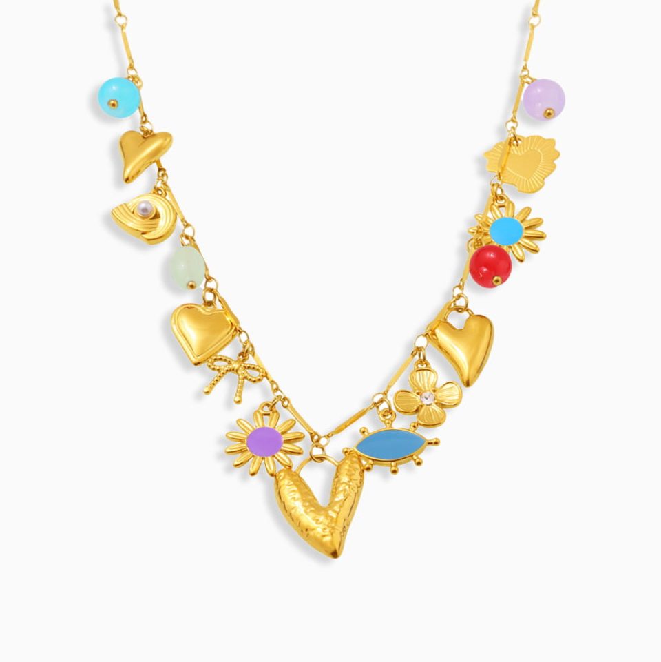 Dopamine Heart Enamel Necklace – 18K Gold Minimalist Pendant with Blue Evil Eye Charm