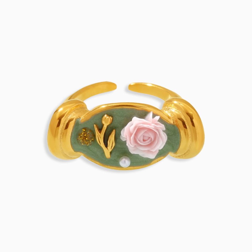 Gold Enamel Bloom Pearl Open Ring with Adjustable Stainless Steel Design