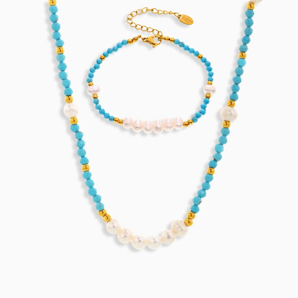 Handmade Turquoise and Freshwater Pearl Jewelry Set, Beaded Necklace and Bracelet for Women, Adjustable Length