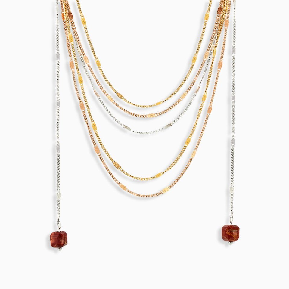 Layered Tassel Lariat Necklace in Gold with Red Beads – Long Multi-Strand Chains for Women, Waterproof Stainless Steel Jewelry