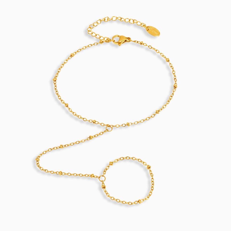 Millet Bead Finger Chain Bracelet in Gold Stainless Steel, 17+5cm Adjustable, Waterproof and Hypoallergenic Jewelry