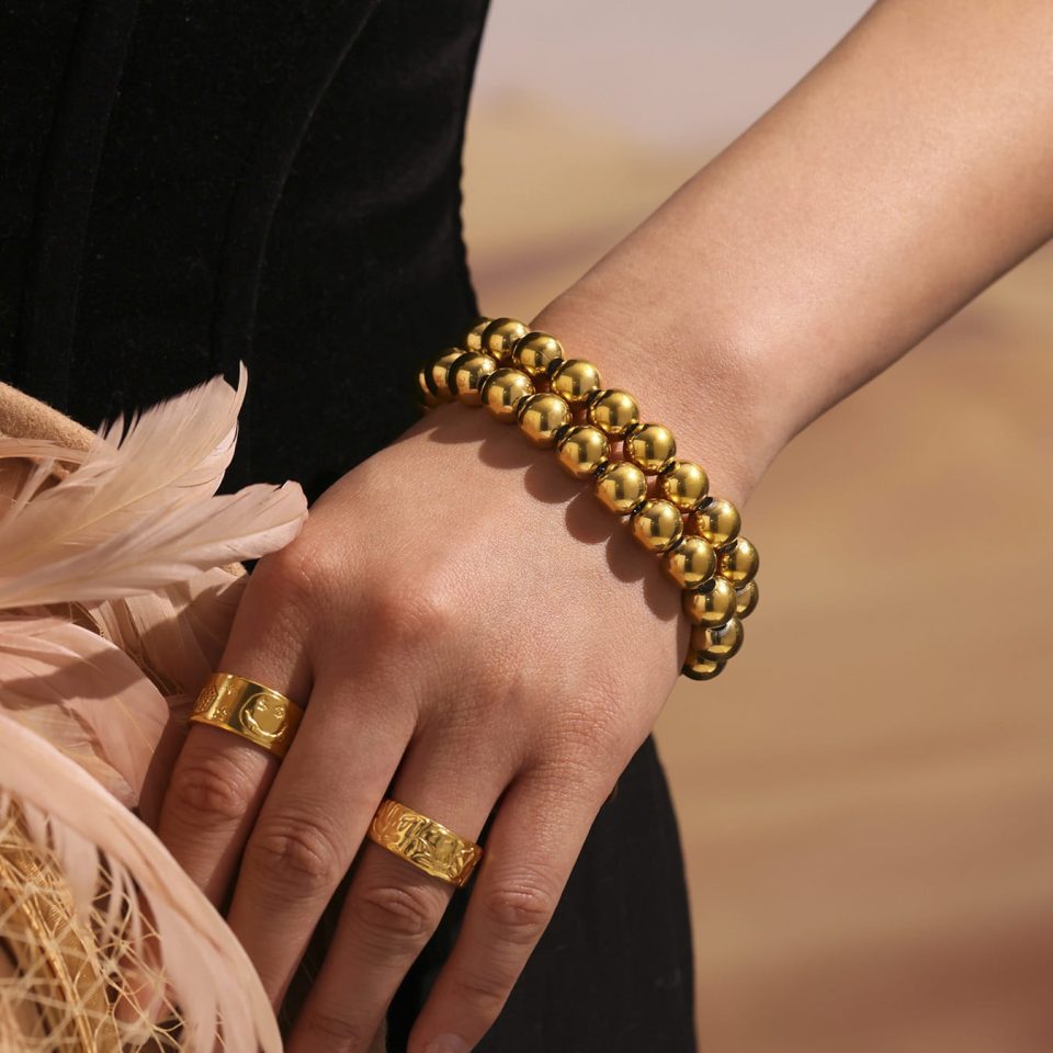 European Handmade Beaded Chain Bracelet - Model Wearing Golden