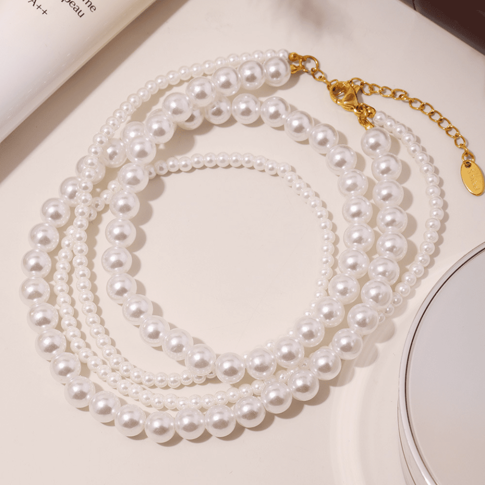 Double Layer Pearl Necklace Set displayed in an elegant setting