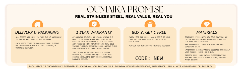 Oumaika brand promise banner featuring 1-year warranty, Buy 2 Get 1 Free offer, eco-friendly packaging, and 18K gold-plated hypoallergenic jewelry