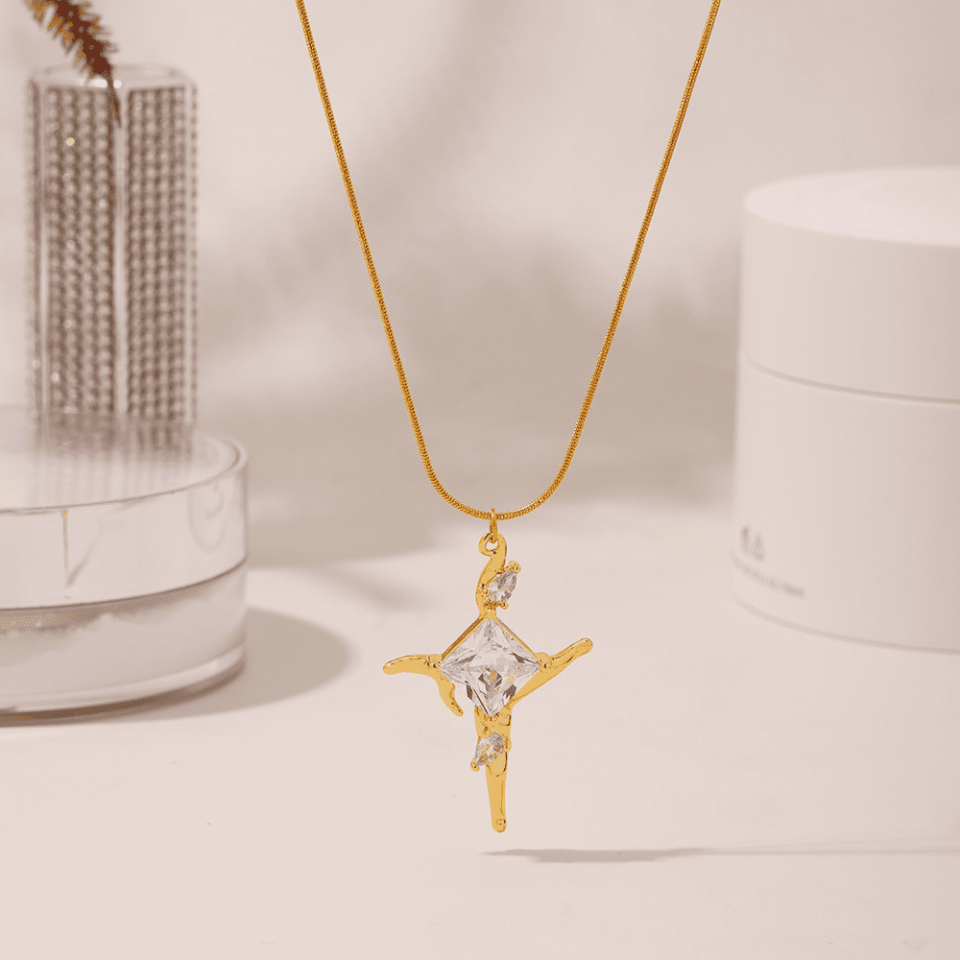 Gold Cross Necklace in Bohemian Setting - Minimalist Jewelry Lifestyle Photo | Oudada