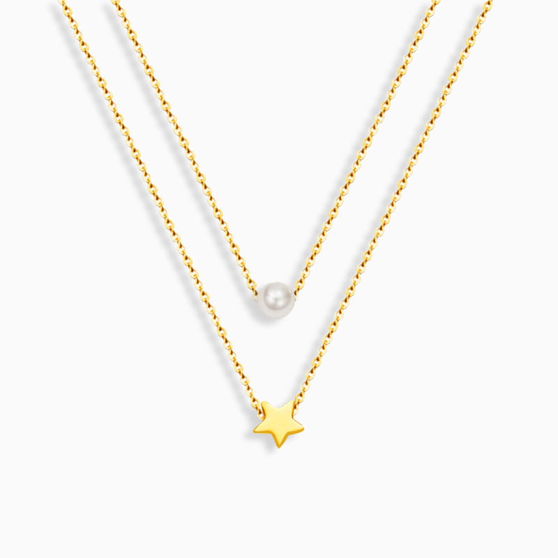 Star and Shell Pearl Layered Necklace in 18K Gold Plated Stainless Steel – Minimalist Double Chain Jewelry for Women