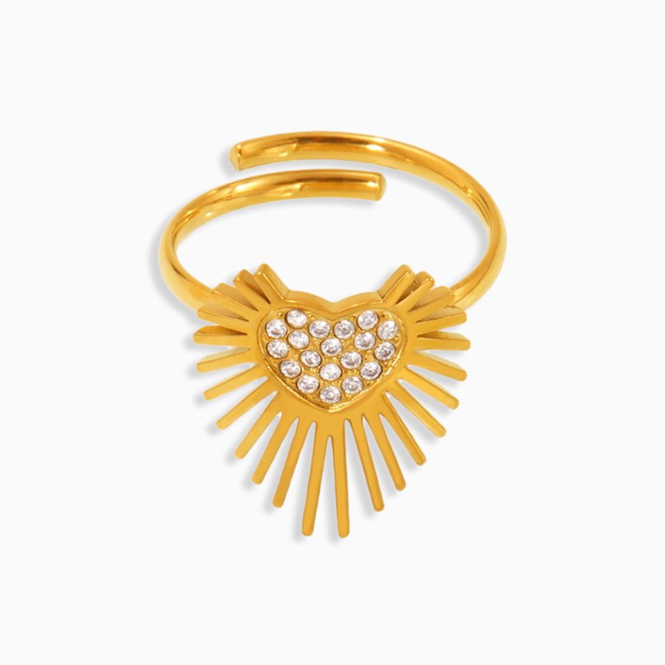 Gold winged heart open ring with sparkling 5A cubic zirconia, adjustable stainless steel band – model A038