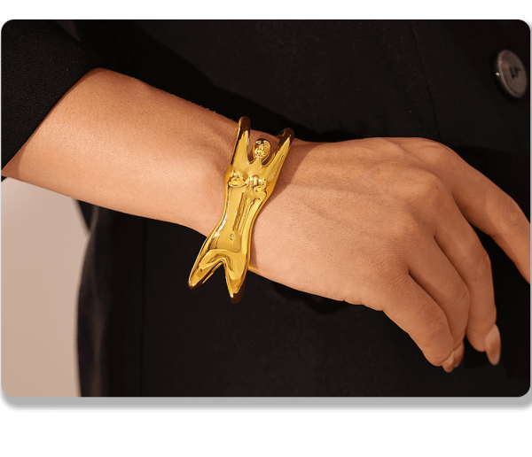 Z376 Gold Cuff with Black Shirt - Minimalist Monochrome Jewelry Look