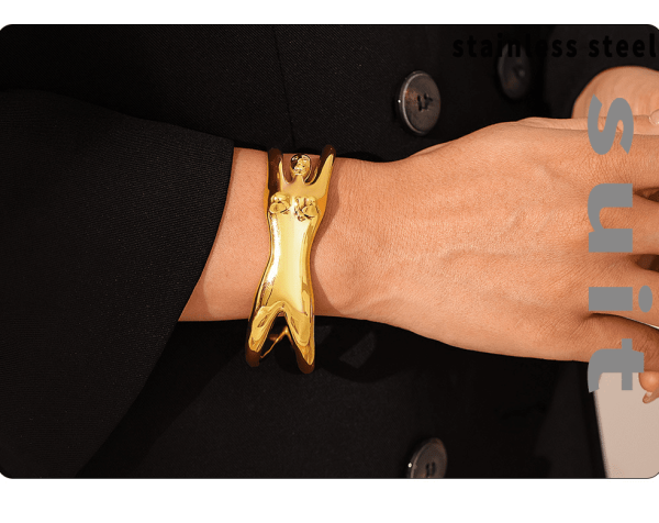 Business Woman Wearing Z376 Gold Cuff Bangle with Suit - Office Chic Jewelry Styling