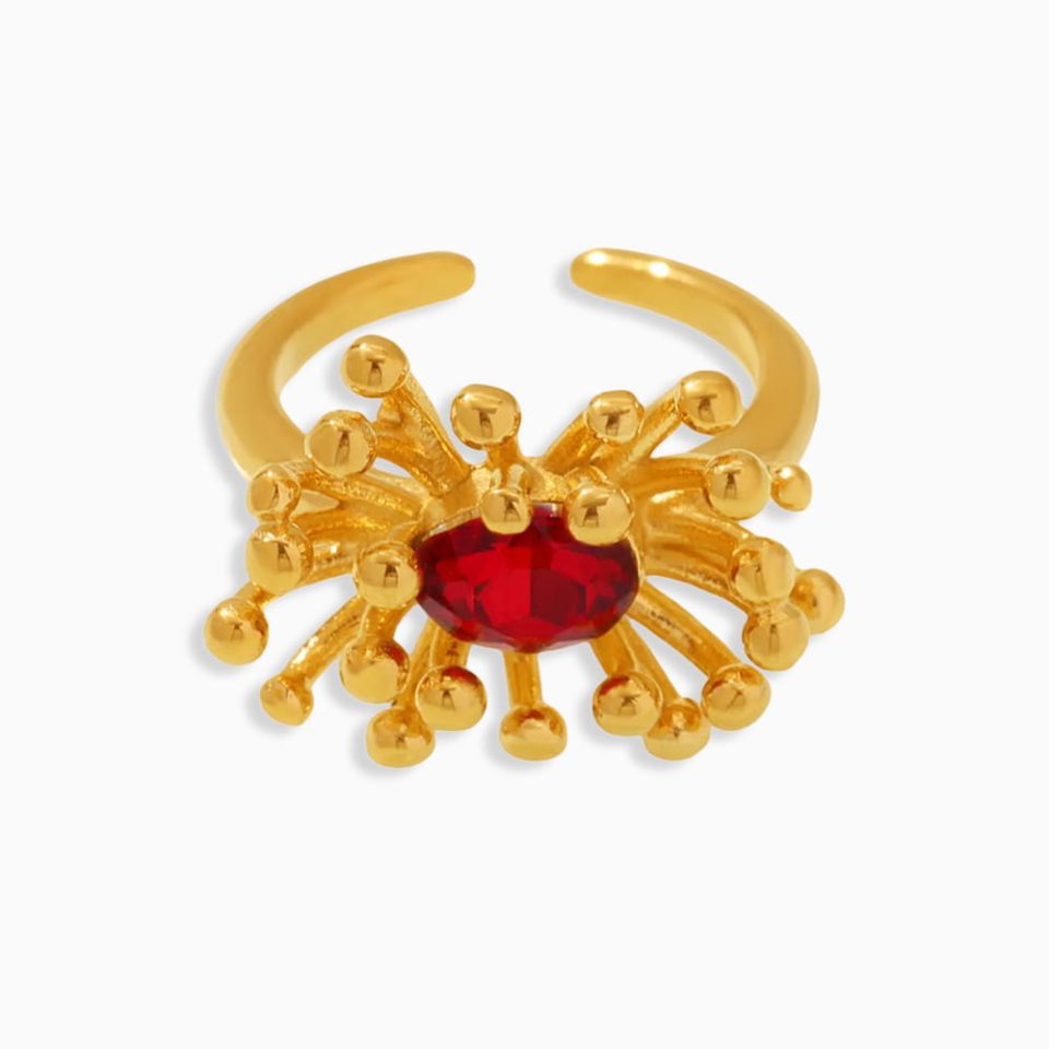 Adjustable Zircon Open Ring with Floral Design in Red | Tarnish-Free Stainless Steel
