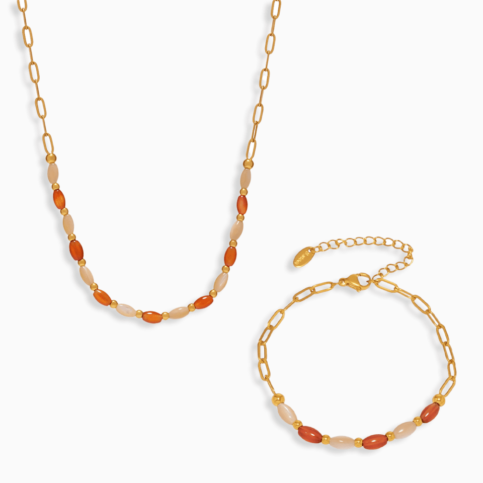 Beach Wave Jewelry Set – Agate Shell Beaded Necklace and Bracelet for Girls, Boho Summer Style