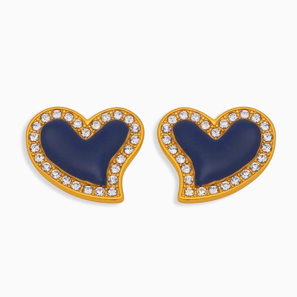 Blue Heart Hoop Earrings with Crystals, Gold Plated Stainless Steel Jewelry for Women