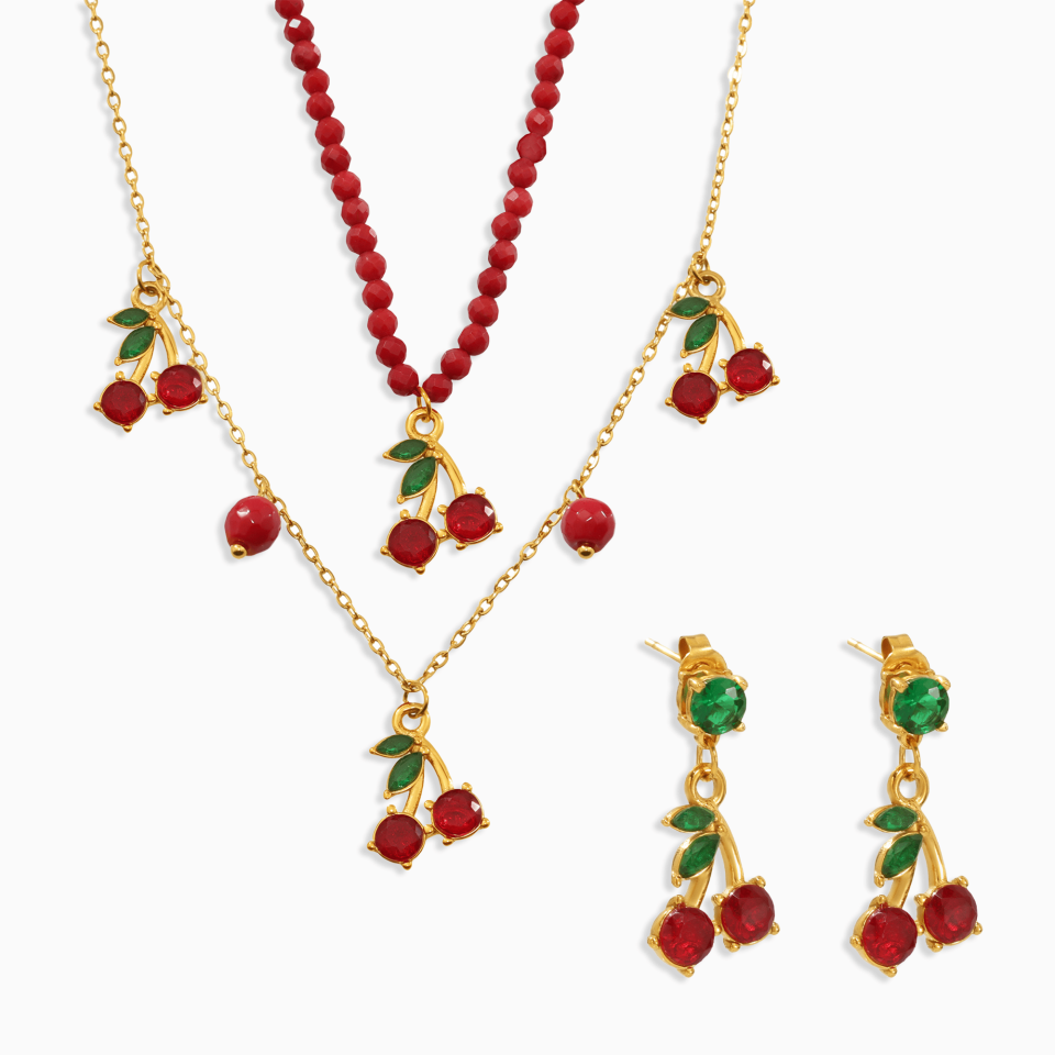 Cherry Delight natural stone beaded necklace and earrings set with glass stone accents, handmade colorful beaded jewelry on white background