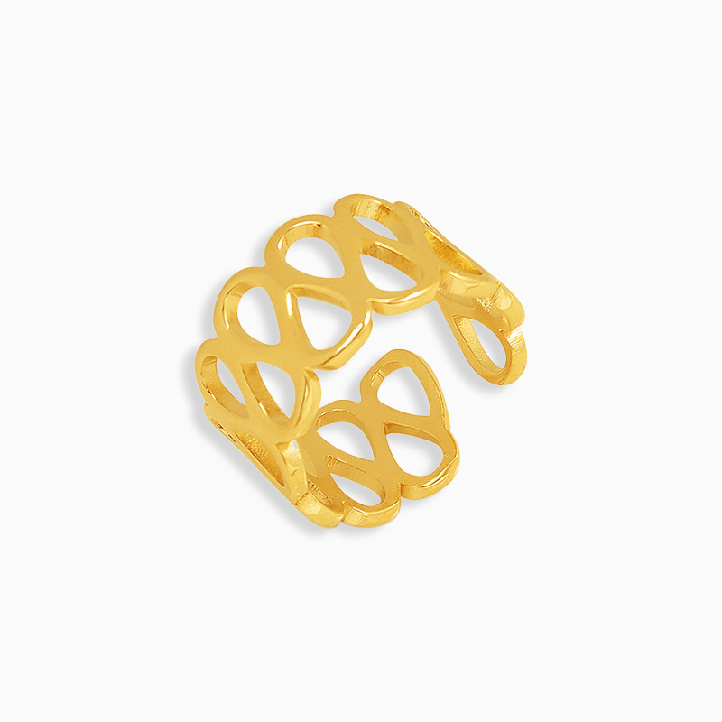 Coral-inspired wide open gold ring on white background – bold 18K gold plated stainless steel jewelry.
