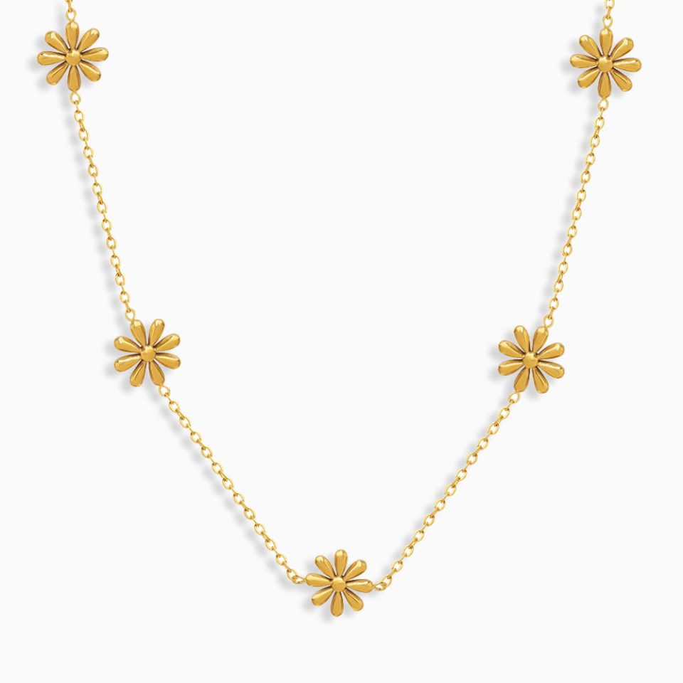 gold daisy flower necklace with simple stainless steel chain, 40+5cm length
