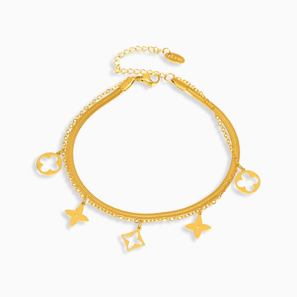 Gold double-layer clover charm anklet for beach, permanent waterproof stainless steel jewelry
