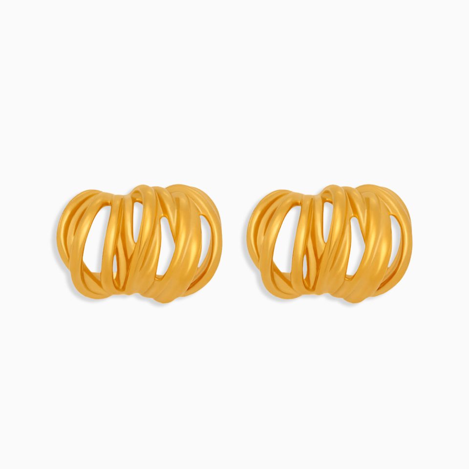 Gold C‑shaped flat‑back stud earrings made from hypoallergenic stainless steel, shown on a white background